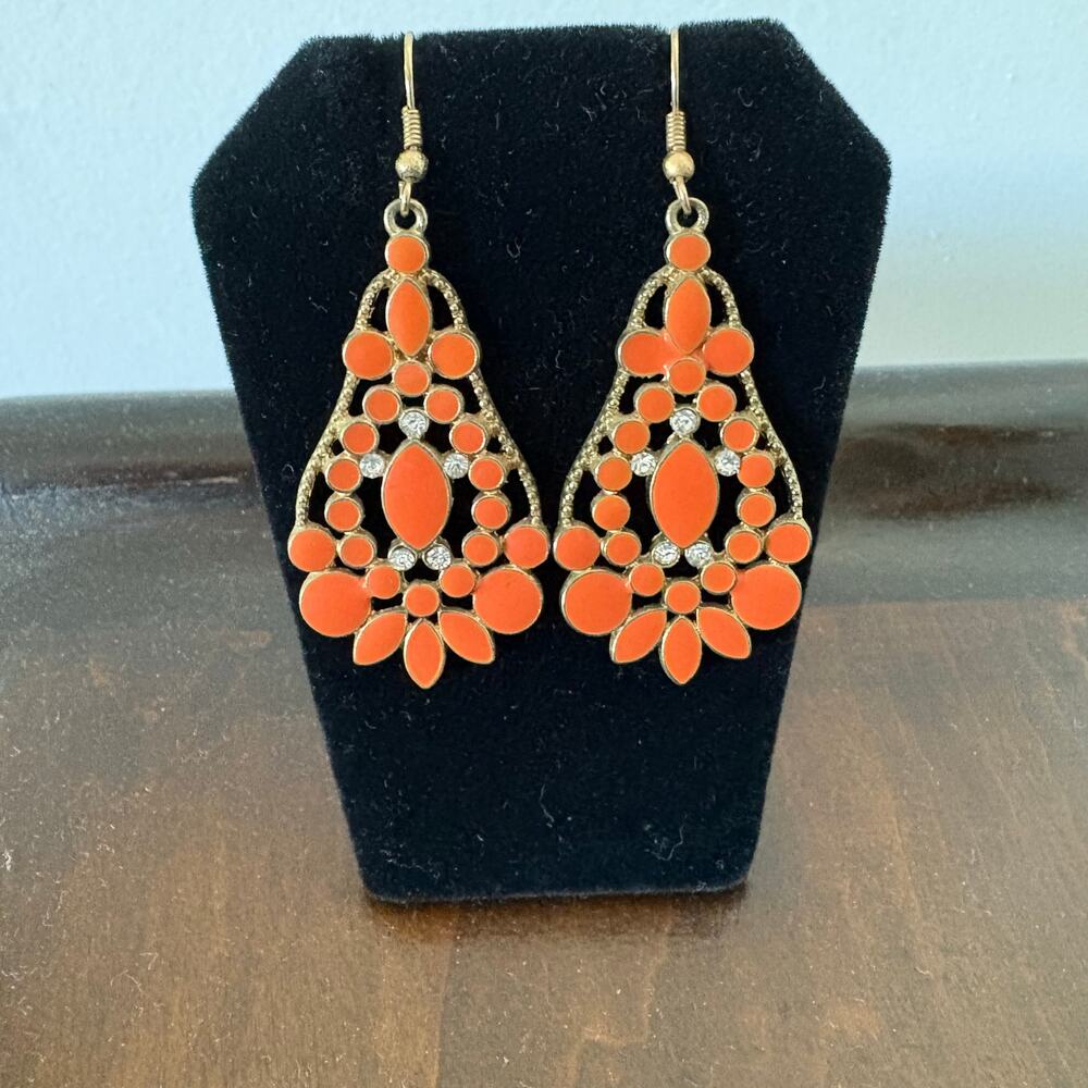 Orange Chandelier style Water drop Imitation Gemstone Earrings Gold tone 2.25 in